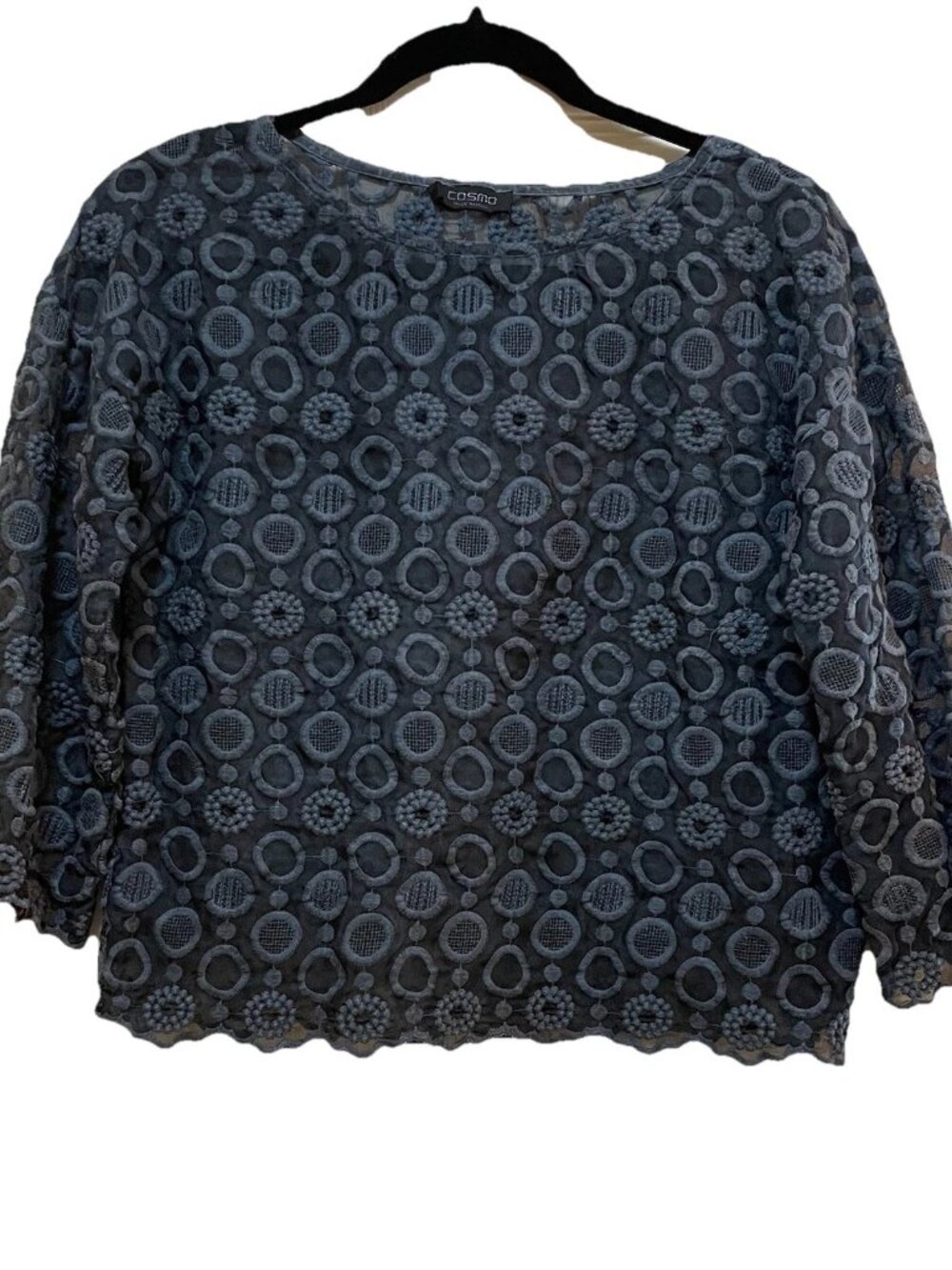 COSMO Slate Blue Sheer Lace Medallion Italian 1/2 Length Top Sz XS